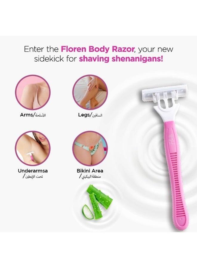 Floren Disposable Body Razors for Women - Pack of 5 | With Aloe Vera & Vitamin E Strip | 3 Premium SS European Blade | Smooth & Clean Shave | Hair Removal | For Arms, legs and Bikini Line |(Buy 4, Get 1 Free)| - Image 4