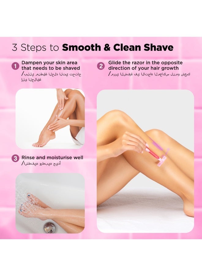 Floren Disposable Body Razors for Women - Pack of 5 | With Aloe Vera & Vitamin E Strip | 3 Premium SS European Blade | Smooth & Clean Shave | Hair Removal | For Arms, legs and Bikini Line |(Buy 4, Get 1 Free)| - Image 3