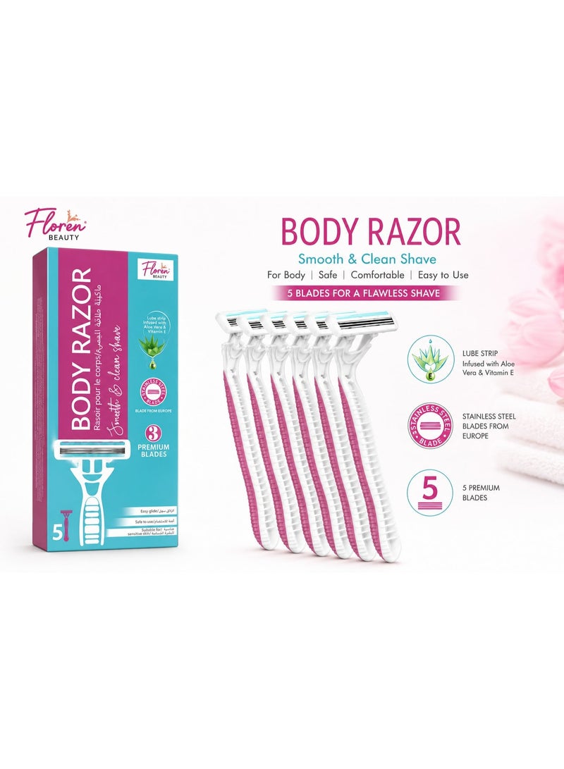 Floren Disposable Body Razors for Women - Pack of 5 | With Aloe Vera & Vitamin E Strip | 3 Premium SS European Blade | Smooth & Clean Shave | Hair Removal | For Arms, legs and Bikini Line |(Buy 4, Get 1 Free)| - Image 1