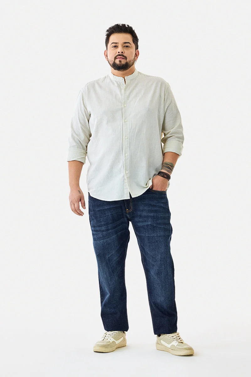 SNITCH Linen Blend Stripes Plus Size Mandarin Shirt