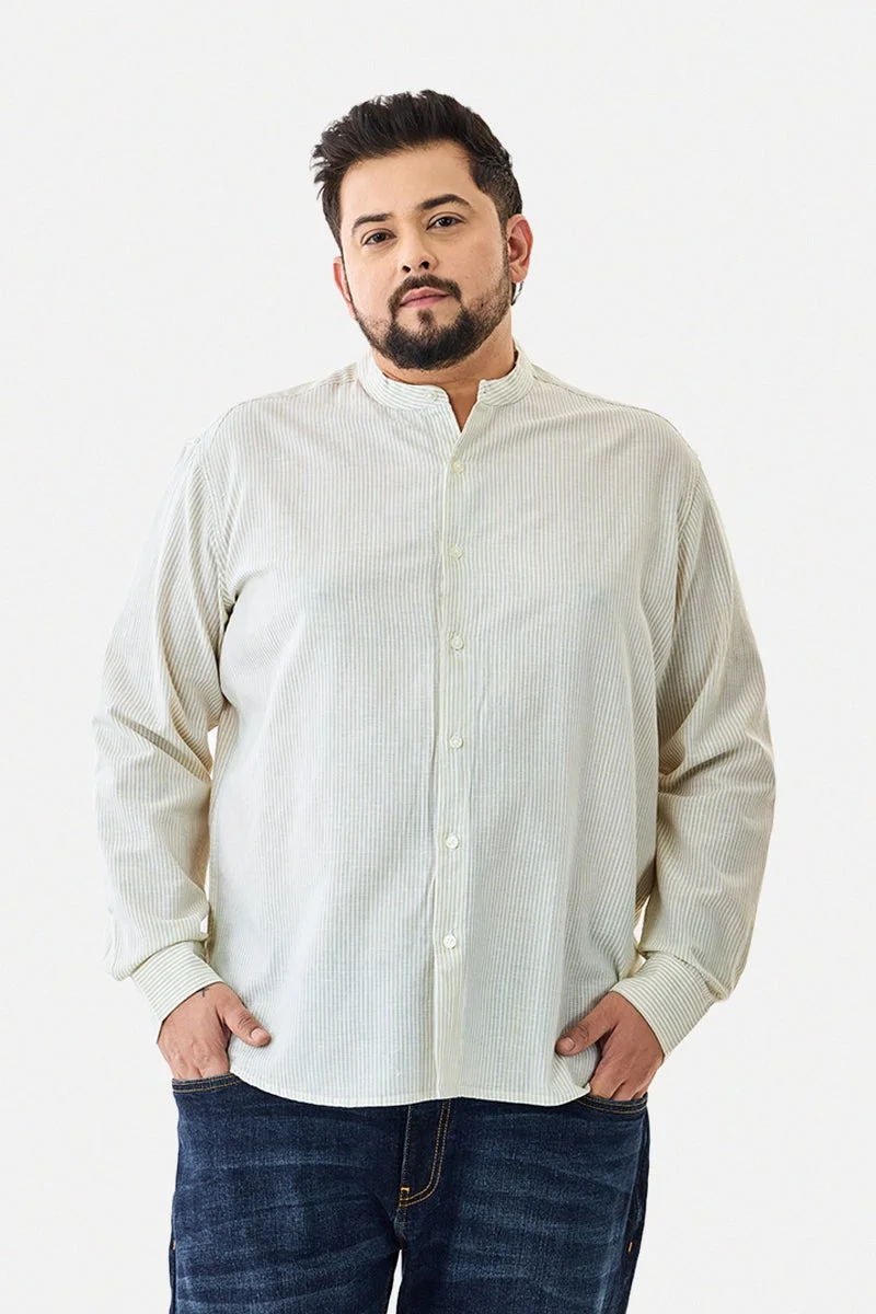SNITCH Linen Blend Stripes Plus Size Mandarin Shirt