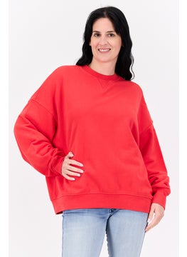 Women Crew Neck Solid Long Sleeves Sweatshirt, Red