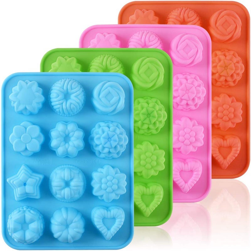 Newk Flower Heart Shape Chocolate Silicone Mold 4 Packs 12 Cavity Candy Baking Mold for Parties Festival and DIY Crafts  Green Blue Pink Orange