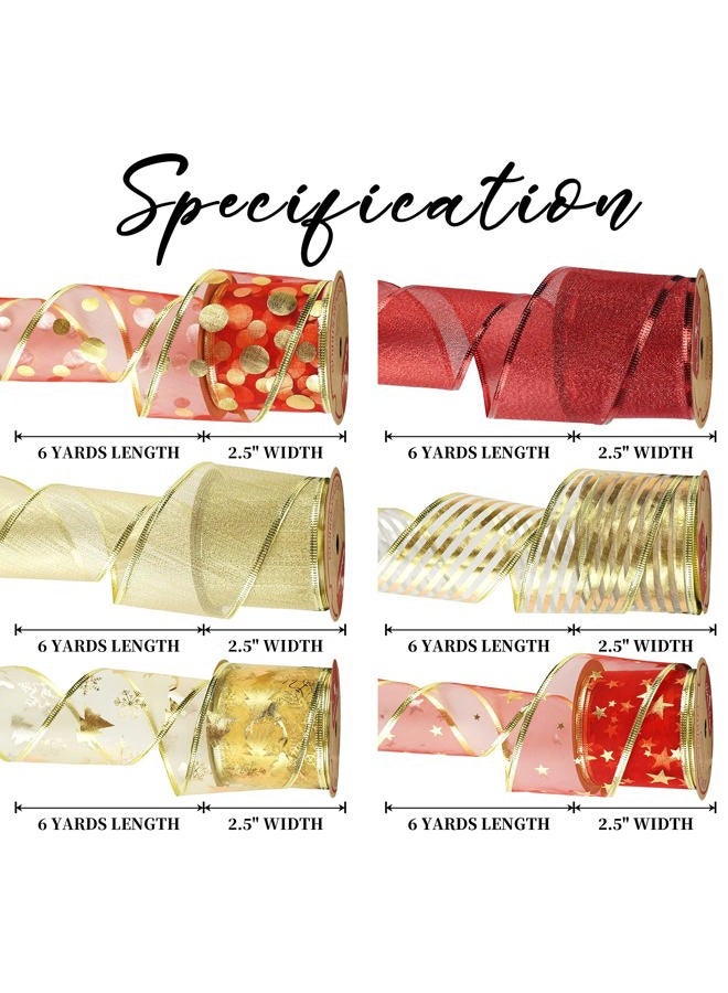 Meedee Red & Gold Christmas Ribbon - 2.5 Inch, 6 Rolls (36 Yards), Wired, Perfect for Tree Decoration, Wreaths & Bows - Image 2