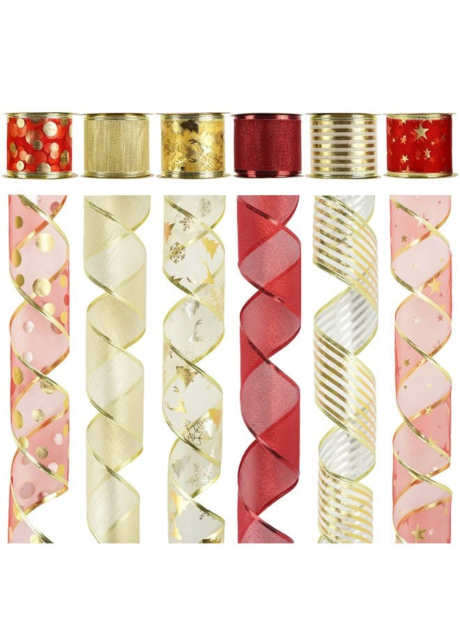 Meedee Red & Gold Christmas Ribbon - 2.5 Inch, 6 Rolls (36 Yards), Wired, Perfect for Tree Decoration, Wreaths & Bows - Image 1