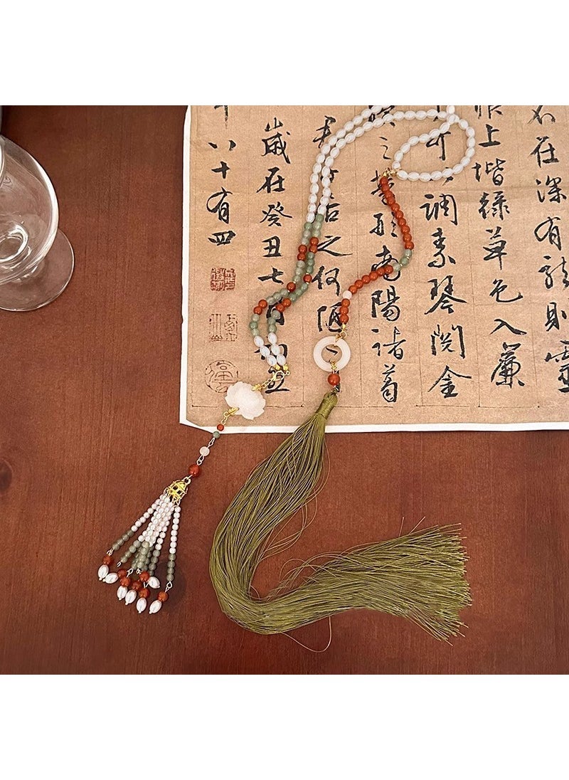 Generic Elegant Chinese Style Long Pearl Tassel Hanfu Dress Necklace for Kids Lotus wreaths [necklace back cloud set]] 