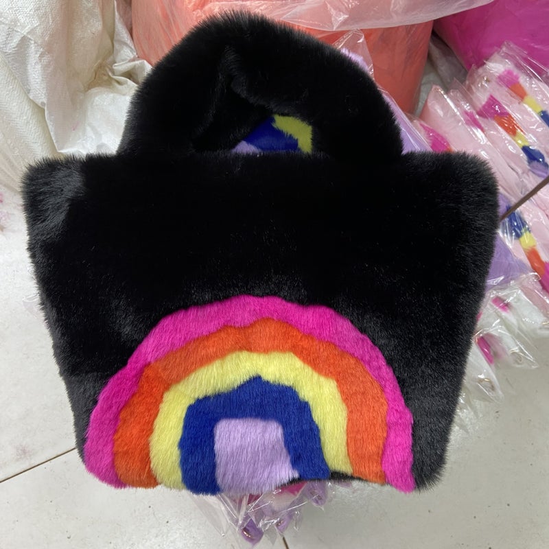 Faux Fur Rainbow Plush Tote Bag for Women Black Rainbow