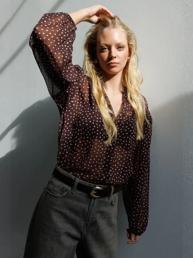 Mixray Coffee Brown MIXRAY Polka Dot Chiffon Button-Up Shirt for Women | Best Price UAE