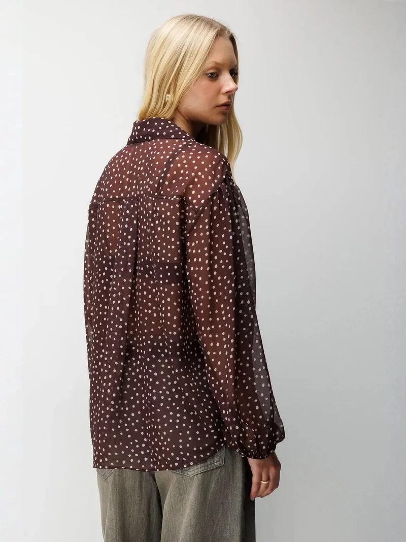 Mixray Coffee Brown MIXRAY Polka Dot Chiffon Button-Up Shirt for Women | Best Price UAE