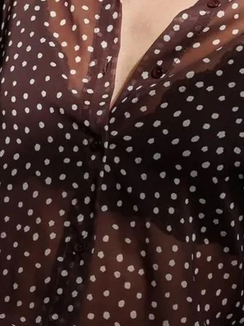 Mixray Coffee Brown MIXRAY Polka Dot Chiffon Button-Up Shirt for Women | Best Price UAE