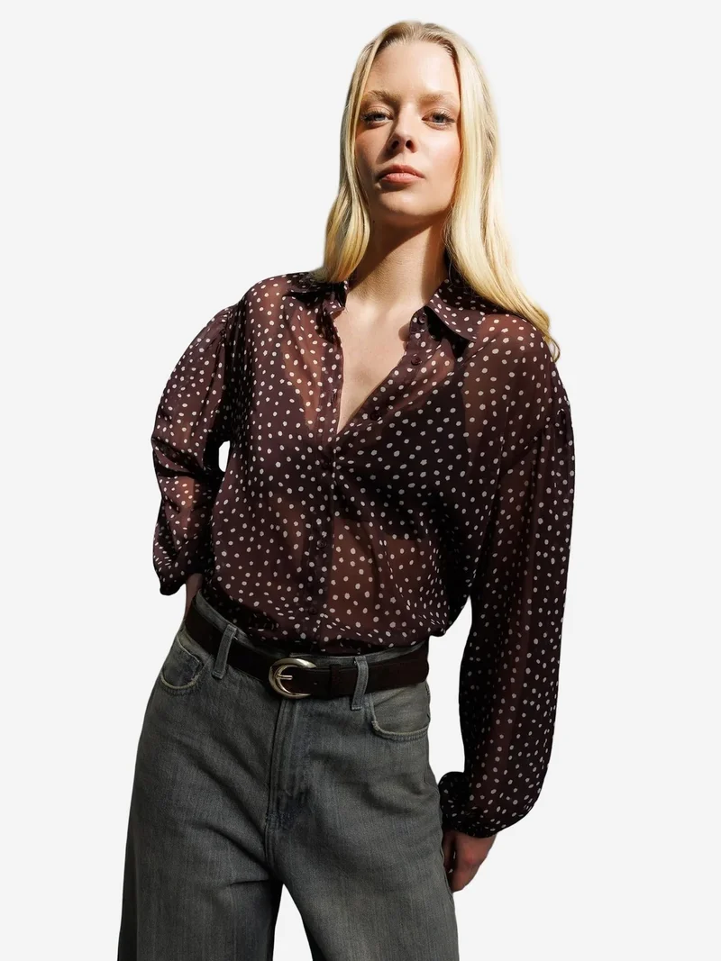 MIXRAY Polka Dot Chiffon Button-Up Shirt