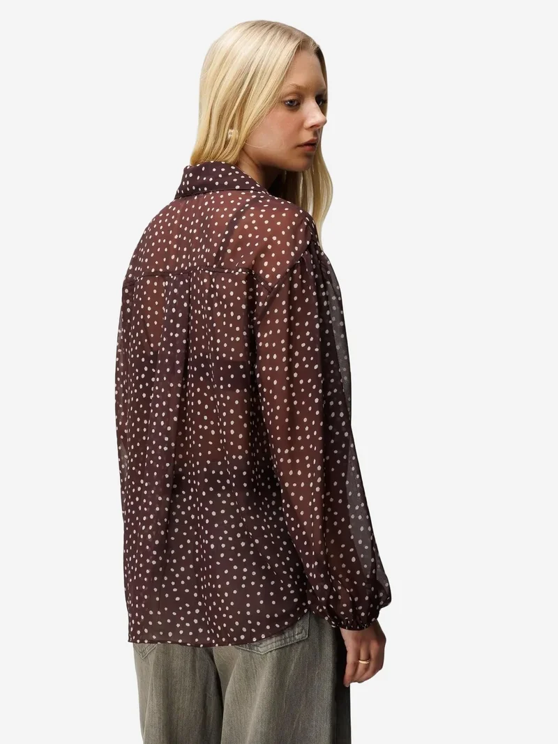 Mixray Coffee Brown MIXRAY Polka Dot Chiffon Button-Up Shirt for Women | Best Price UAE