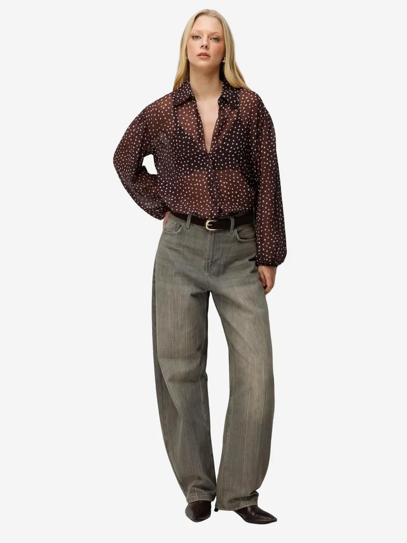 Mixray Coffee Brown MIXRAY Polka Dot Chiffon Button-Up Shirt for Women | Best Price UAE