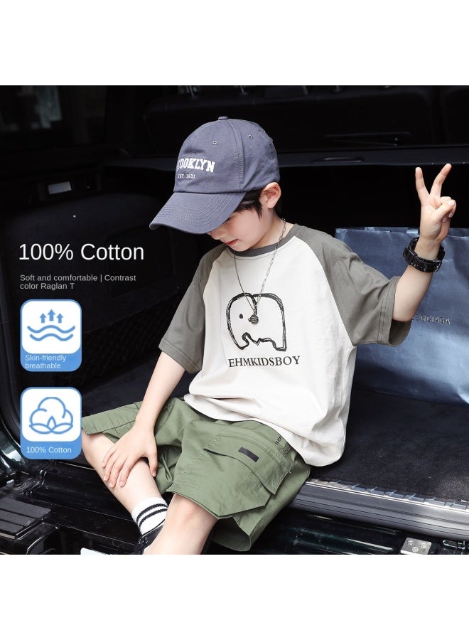 Round Neck Short Sleeve T-shirt Raglan Sleeve Half-sleeve Contrast Panel Design 2025 Summer Quick-dry Kids Fashion Top For Big & Trendy Children - Image 1