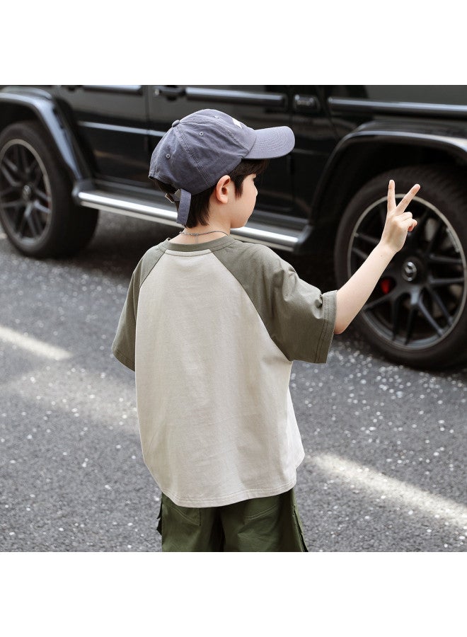 Round Neck Short Sleeve T-shirt Raglan Sleeve Half-sleeve Contrast Panel Design 2025 Summer Quick-dry Kids Fashion Top For Big & Trendy Children - Image 4