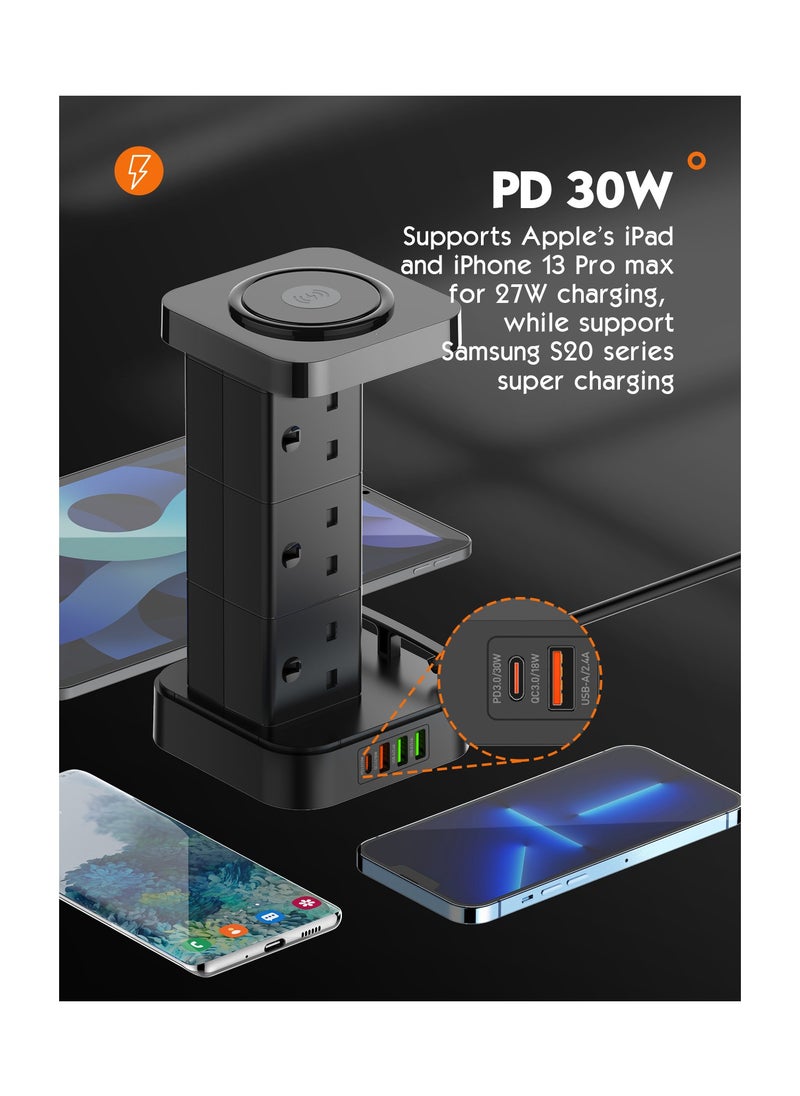 CAROSKI - Tower Power Extension Cord 3 In 1 with 15W Wireless Charger 6 AC Outlets 4 USB Outlets 2m Long Extension Cord Power Strip with Cable Organizer Box - Image 1