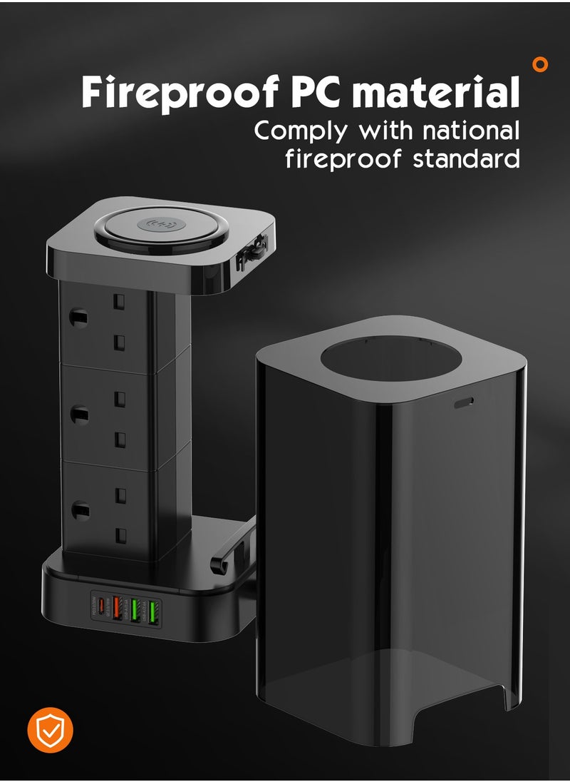 CAROSKI - Tower Power Extension Cord 3 In 1 with 15W Wireless Charger 6 AC Outlets 4 USB Outlets 2m Long Extension Cord Power Strip with Cable Organizer Box - Image 1