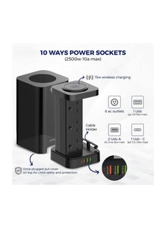 CAROSKI Tower Power Extension Cord 3 In 1 with 15W Wireless Charger 6 AC Outlets 4 USB Outlets 2m Long Extension Cord Power Strip with Cable Organizer Box  - Image 2