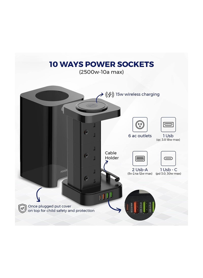 CAROSKI - Tower Power Extension Cord 3 In 1 with 15W Wireless Charger 6 AC Outlets 4 USB Outlets 2m Long Extension Cord Power Strip with Cable Organizer Box - Image 1