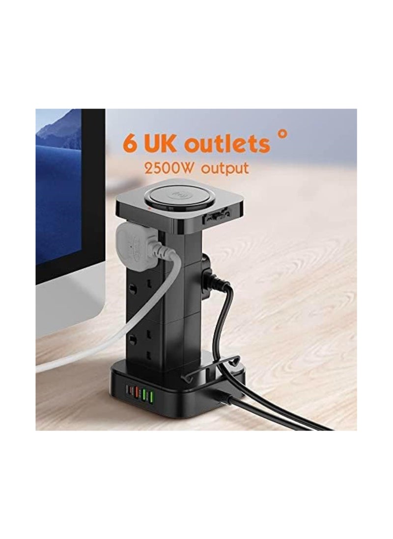 CAROSKI - Tower Power Extension Cord 3 In 1 with 15W Wireless Charger 6 AC Outlets 4 USB Outlets 2m Long Extension Cord Power Strip with Cable Organizer Box - Image 1