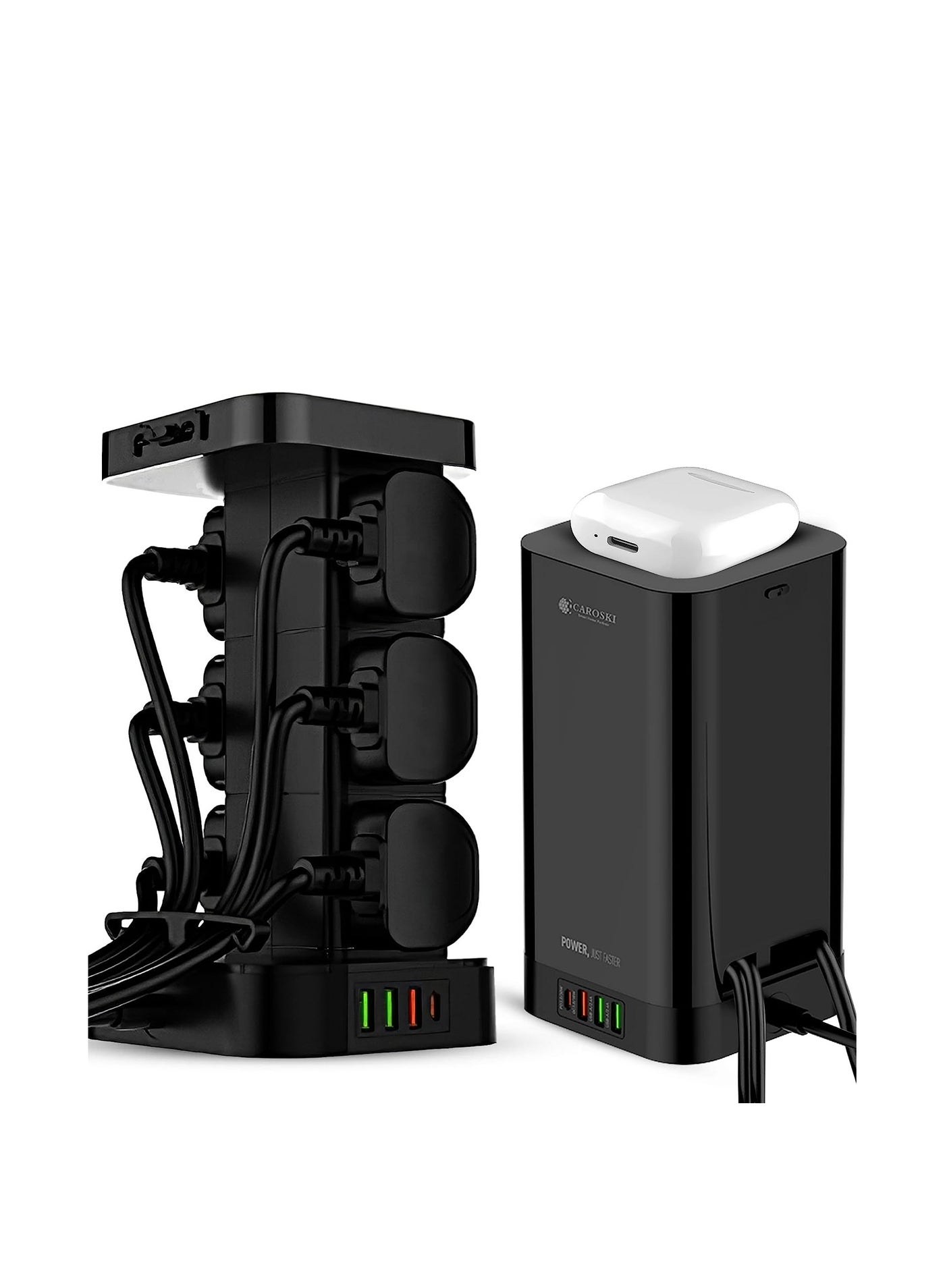 Tower Power Extension Cord 3 In 1 with 15W Wireless Charger 6 AC Outlets 4 USB Outlets 2m Long Extension Cord Power Strip with Cable Organizer Box