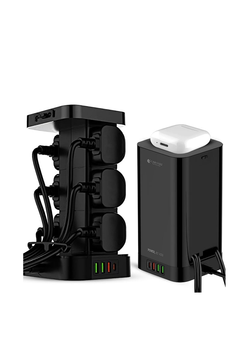 CAROSKI - Tower Power Extension Cord 3 In 1 with 15W Wireless Charger 6 AC Outlets 4 USB Outlets 2m Long Extension Cord Power Strip with Cable Organizer Box - Image 1