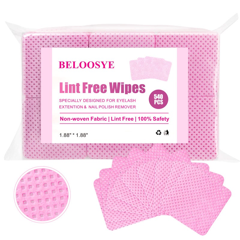 BELOOSYE 540 PCS Lint Free Nail Wipes Eyelash Extension Glue Wipes Super Absorbent Soft Nonwoven Fabric Nail Polish Remover Wipes Cleaning Pad Cloth for Lash Extension Supplies  Nail Polish BottlePink