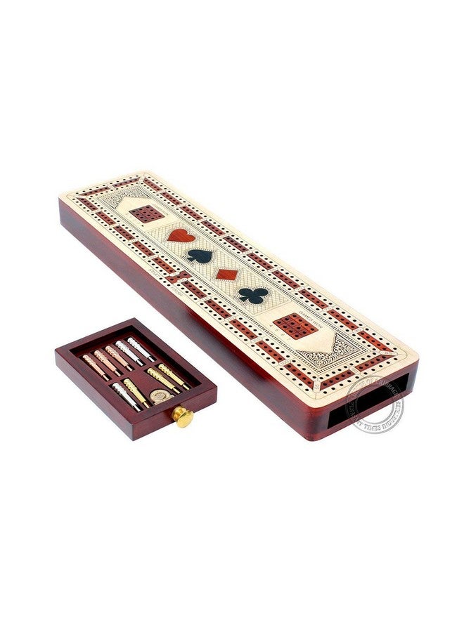 House of Cribbage - 3 Track Continuous Cribbage Board Inlaid In Maple Wood/Bloodwood - Size: 12.5 Inch - Wood Inlaid Card Symbols (Suits) + Storage Drawer For Cribbage Pegs - Image 1