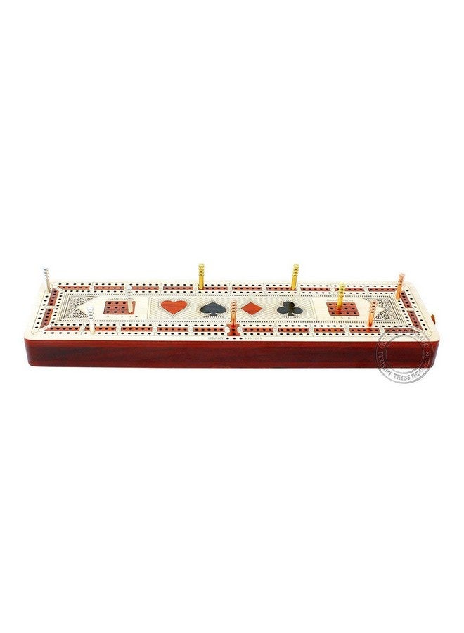 House of Cribbage - 3 Track Continuous Cribbage Board Inlaid In Maple Wood/Bloodwood - Size: 12.5 Inch - Wood Inlaid Card Symbols (Suits) + Storage Drawer For Cribbage Pegs - Image 3