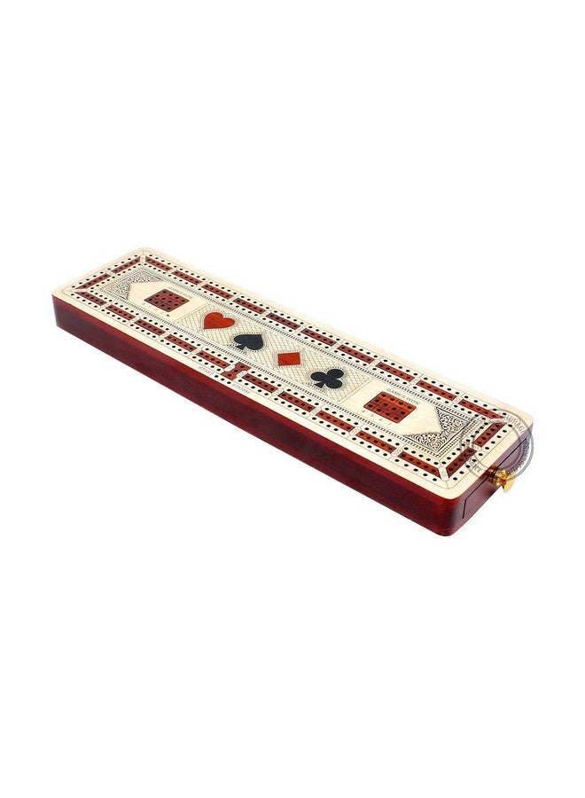 House of Cribbage - 3 Track Continuous Cribbage Board Inlaid In Maple Wood/Bloodwood - Size: 12.5 Inch - Wood Inlaid Card Symbols (Suits) + Storage Drawer For Cribbage Pegs - Image 4