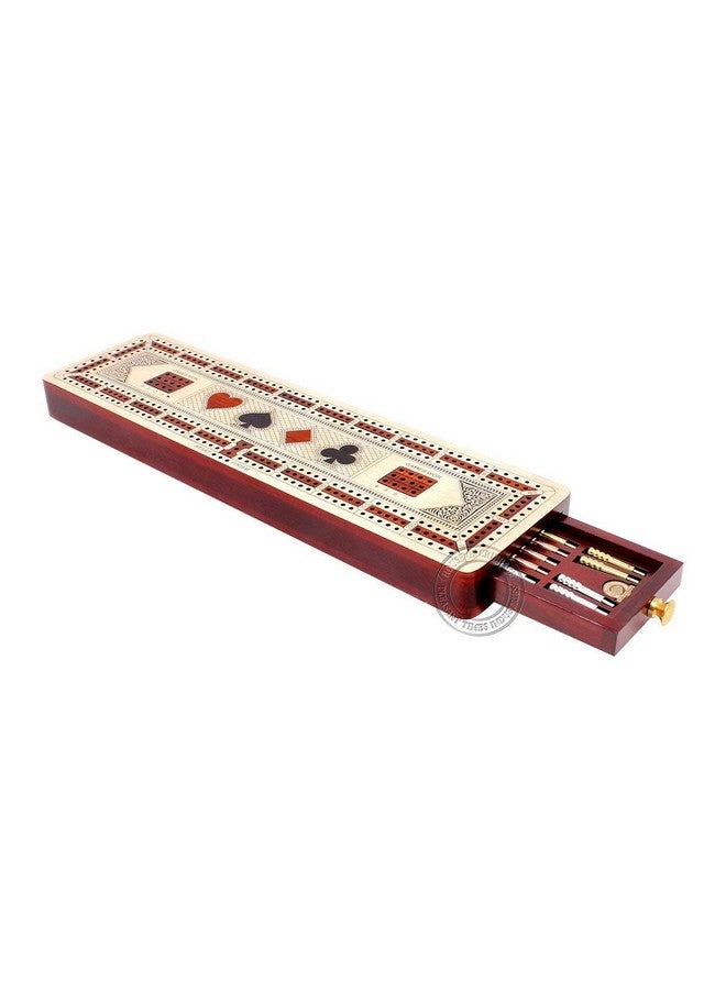 House of Cribbage - 3 Track Continuous Cribbage Board Inlaid In Maple Wood/Bloodwood - Size: 12.5 Inch - Wood Inlaid Card Symbols (Suits) + Storage Drawer For Cribbage Pegs - Image 5