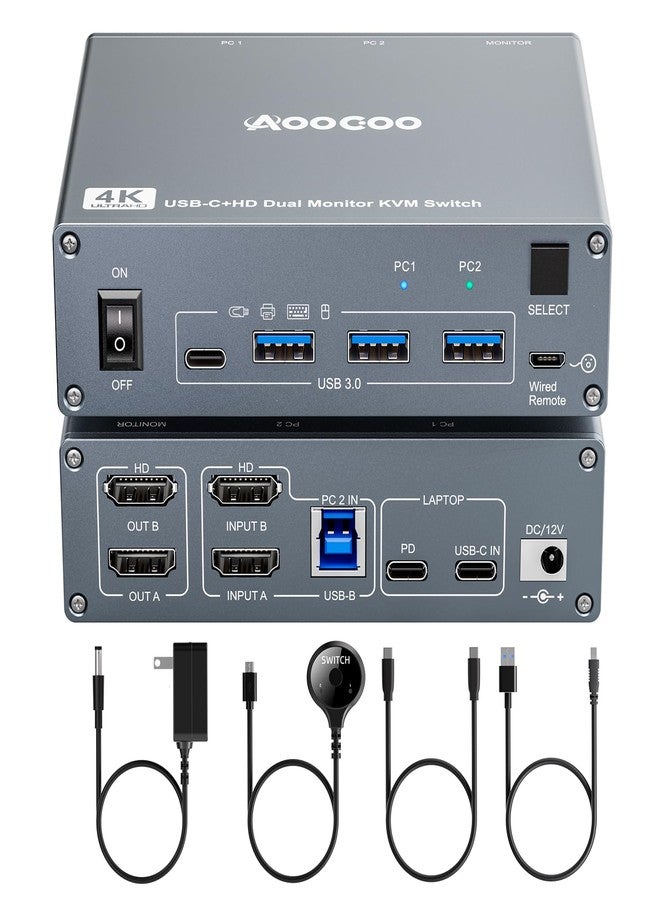 AOOCOO مفتاح KVM بمنفذ USB-C يدعم دقة 4K بمعدل 60 هرتز، ومفتاح KVM بمنفذي USB-C وHDMI لشاشتين، يتيح مشاركة جهاز كمبيوتر مكتبي وجهاز كمبيوتر محمول، وشاشتين، وأربعة أجهزة USB 3.0، ومزود طاقة للكمبيوتر المحمول بتقنية PD، وجهاز تحكم عن بعد سلكي، وكابل USB. - Image 1