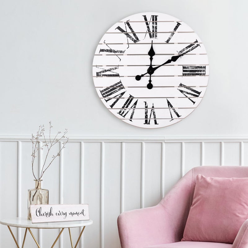 ALBEN ALBEN Large Farmhouse Wall Clock  24 inch Round Shiplap Farmhouse Style Clock Bundled with Decorative Reversible Wooden Sign 