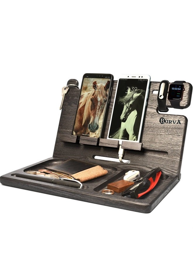 BarvA Wood Docking Station Nightstand Organizer 2 Phone Wallet Watch Stand Key Holder Tablet Tech Gadgets Charging Dock Desk Accessories Bedside Caddy Birthday Gifts for Men Home Organization EDC Tray