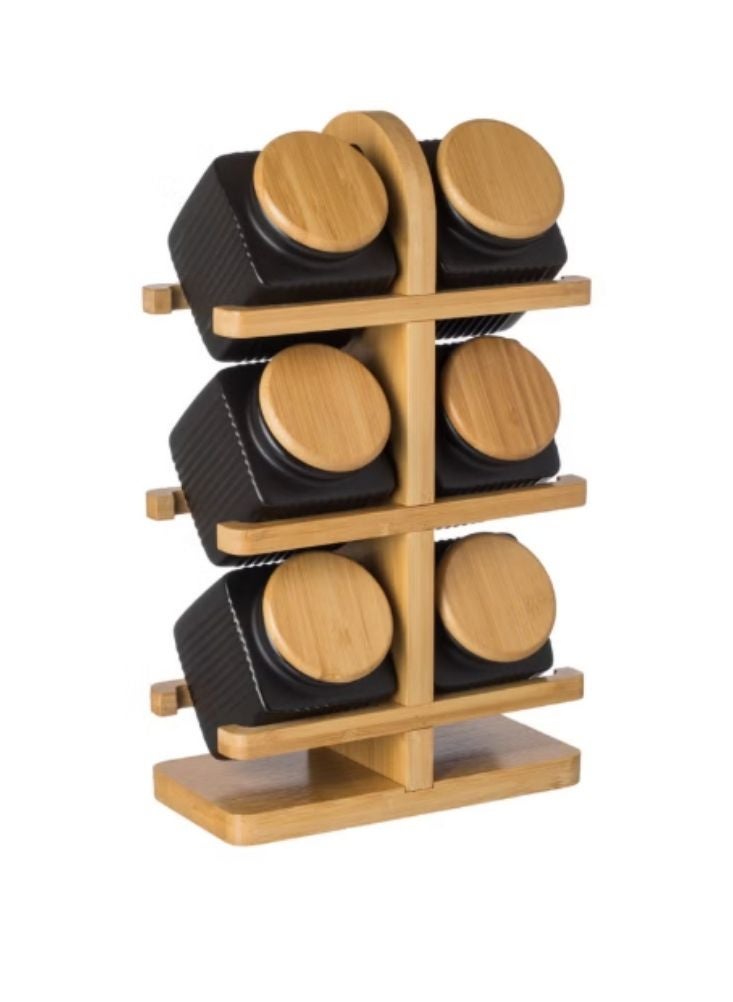 بريميم مجموعة رفوف التوابل الخشبية مع ٦ برطمانات سيراميك سوداء وأغطية من الخيزران - Image 1