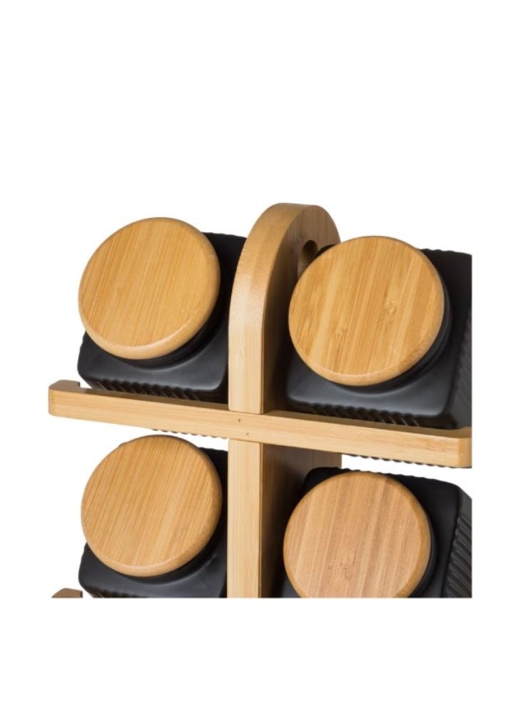 بريميم مجموعة رفوف التوابل الخشبية مع ٦ برطمانات سيراميك سوداء وأغطية من الخيزران - Image 3