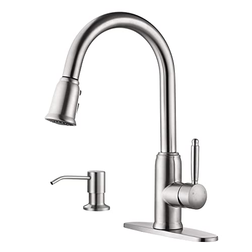WOWOW Stainless Steel Kitchen Faucet with Soap Dispenser, WOWOW Brushed Nickel Kitchen Faucet for Sinks, High Arc Single Handle Kitchen Sink Faucet with Sprayer, Vintage Style - Image 1