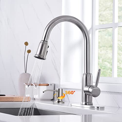 WOWOW Stainless Steel Kitchen Faucet with Soap Dispenser, WOWOW Brushed Nickel Kitchen Faucet for Sinks, High Arc Single Handle Kitchen Sink Faucet with Sprayer, Vintage Style - Image 2