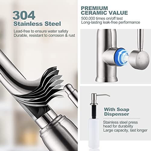 WOWOW Stainless Steel Kitchen Faucet with Soap Dispenser, WOWOW Brushed Nickel Kitchen Faucet for Sinks, High Arc Single Handle Kitchen Sink Faucet with Sprayer, Vintage Style - Image 5