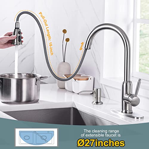 WOWOW Stainless Steel Kitchen Faucet with Soap Dispenser, WOWOW Brushed Nickel Kitchen Faucet for Sinks, High Arc Single Handle Kitchen Sink Faucet with Sprayer, Vintage Style - Image 3