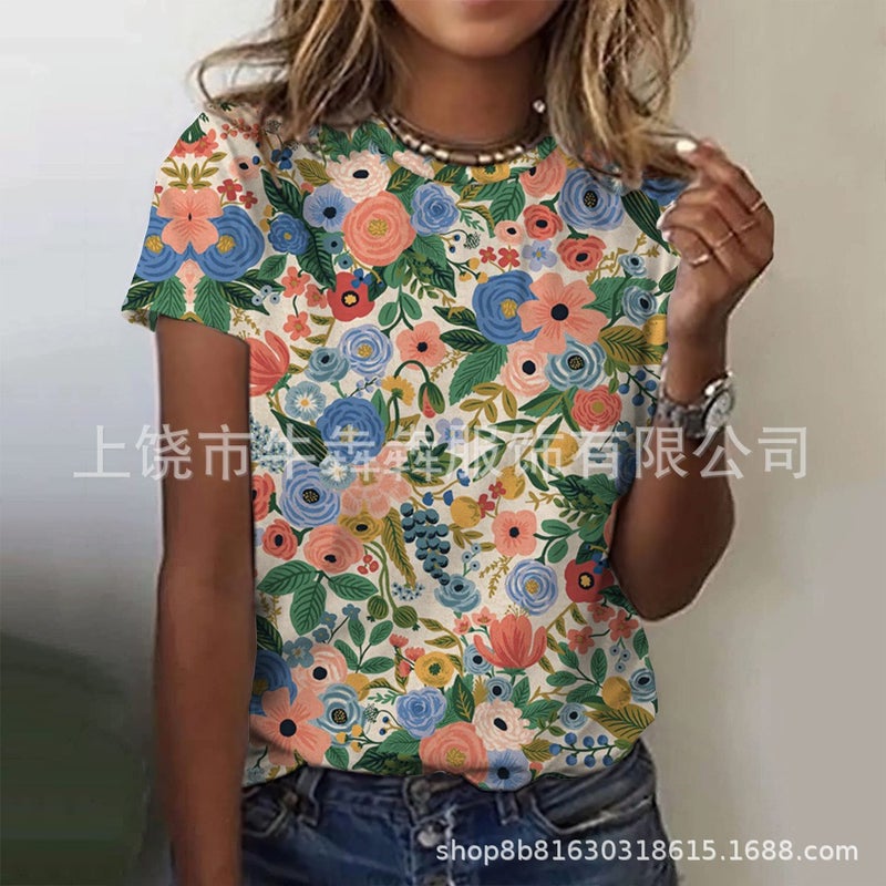 Summer 3Dt Shirt Short Sleeve Leisure Floral Wind Printing Ladies Short Sleeve T-Shirt - Image 1