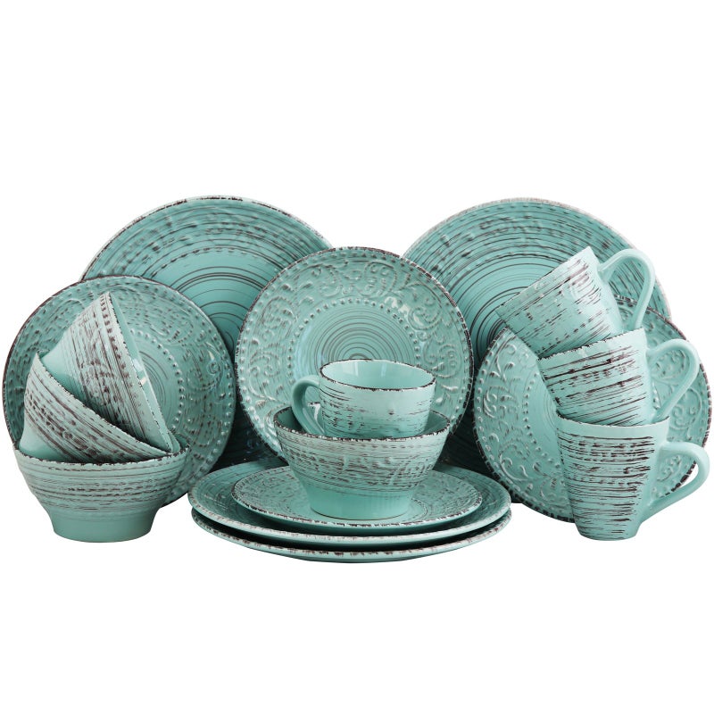Elama Embossed Stoneware Ocean Dinnerware Dish Set, 16 Piece, Turquoise - Image 1