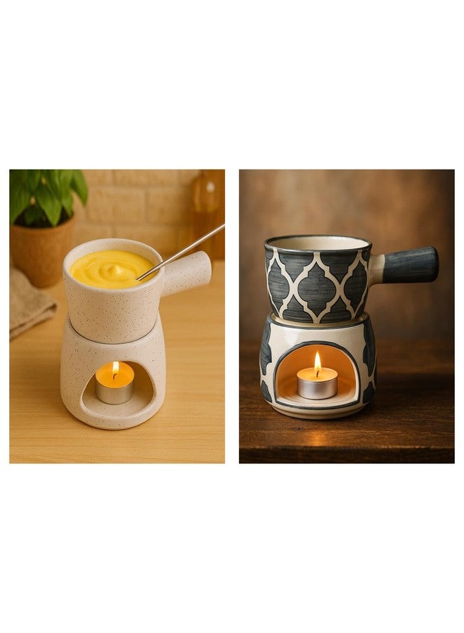 KunhaR Ceramic Fondue Set Pack of 2 (2 Piece of Fondue Set, 4 Tea Light Candle), Capacity 180 ml, White Matt & Grey - Image 1