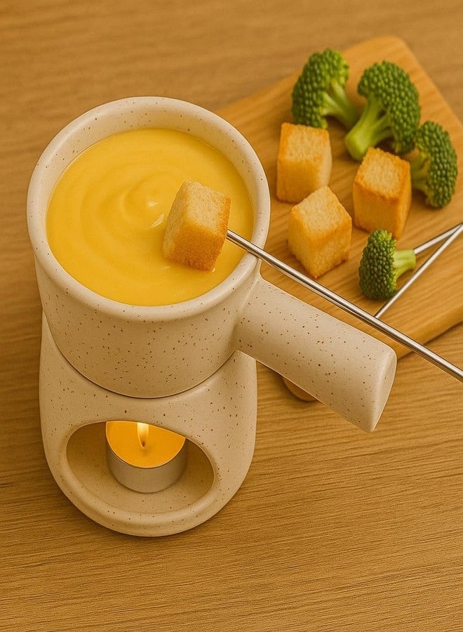 KunhaR Ceramic Fondue Set Pack of 2 (2 Piece of Fondue Set, 4 Tea Light Candle), Capacity 180 ml, White Matt & Grey - Image 3