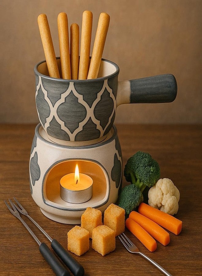 KunhaR Ceramic Fondue Set Pack of 2 (2 Piece of Fondue Set, 4 Tea Light Candle), Capacity 180 ml, White Matt & Grey - Image 4