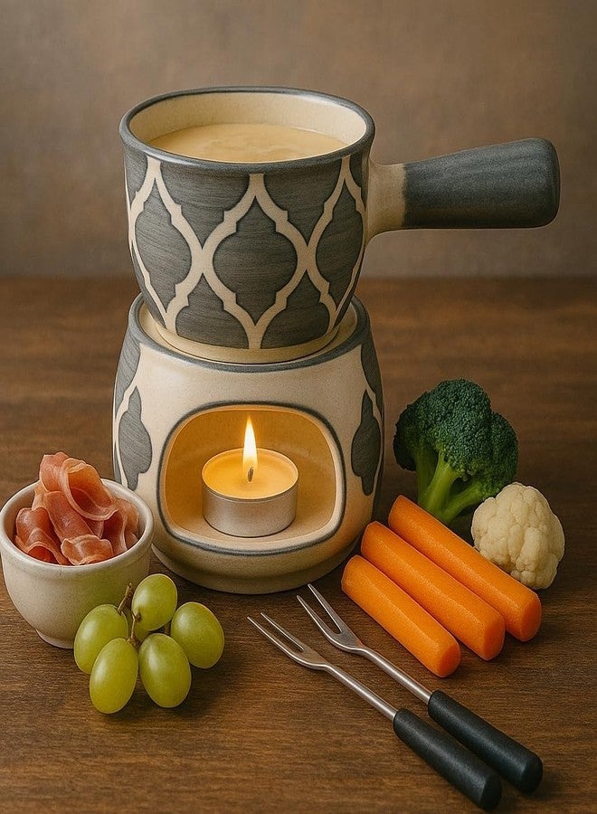 KunhaR Ceramic Fondue Set Pack of 2 (2 Piece of Fondue Set, 4 Tea Light Candle), Capacity 180 ml, White Matt & Grey - Image 5