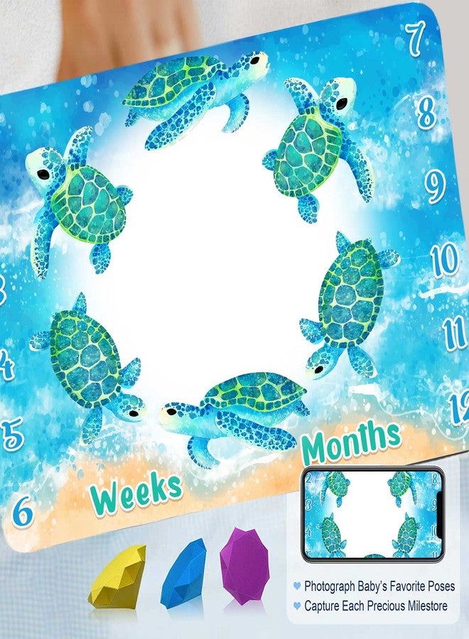 FHZON Turtle Milestone Blanket Blue Sea Life Baby Blanket Beach Newborn Gift with Week Months Swaddling Bag 48x40in BTLSFH127 - Image 2