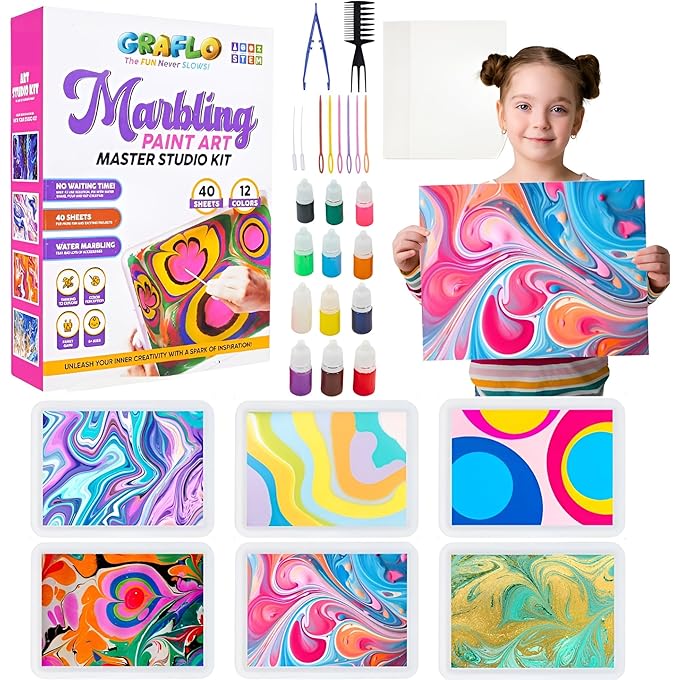 GRAFLO Marbling Paint Art & Crafts Kit - Water Marble Painting Set, Craft Kits for Girls & Boys, 12 Vibrant Colors & 40 Sketch Papers, STEM Engaging Activities, Water Marbling - For Kids 4+ Years
