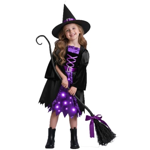 Kiddokids Witch Costume for Girls LightUp Dress with Hat Broom Accessories Halloween Costume Set for 312 Years Purple Witch Outfit for Halloween Parties Role Play - Image 1