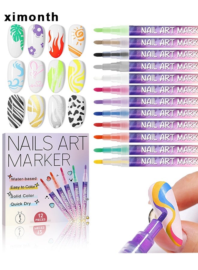 ximonth 12 Pcs Nail Pen, Nail Art Markers, Nail Art Graffiti Pen Waterproof Nail Polish Pen Quick Dry Nail Art Painting Pen DIY Abstract Lines Pen For Nail Art Portable Tip Nail For Painting Draw Nail Art Equipment, Nail Art Markers Polish Pen For 3D, 12 Colors - Image 1